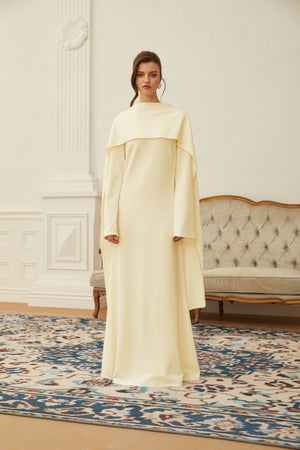 Aurohaya Piroska Yellow Pearl Trim Shawl Detail Maxi Dress