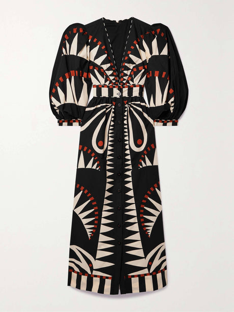 Aurohaya Unique Coconut Jungle Print Puff Sleeve Long Midi Dress