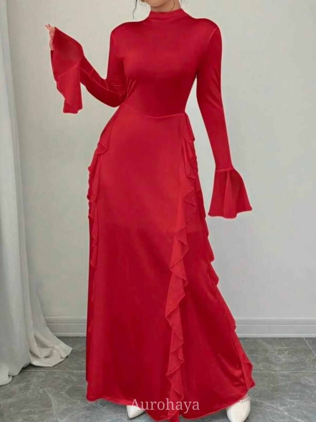High-Collar Ruffle Splicing Flare-Sleeve Maxi Dress