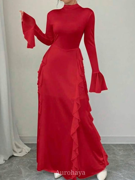 Aurohaya High-Collar Ruffle Splicing Flare-Sleeve Maxi Dress Red