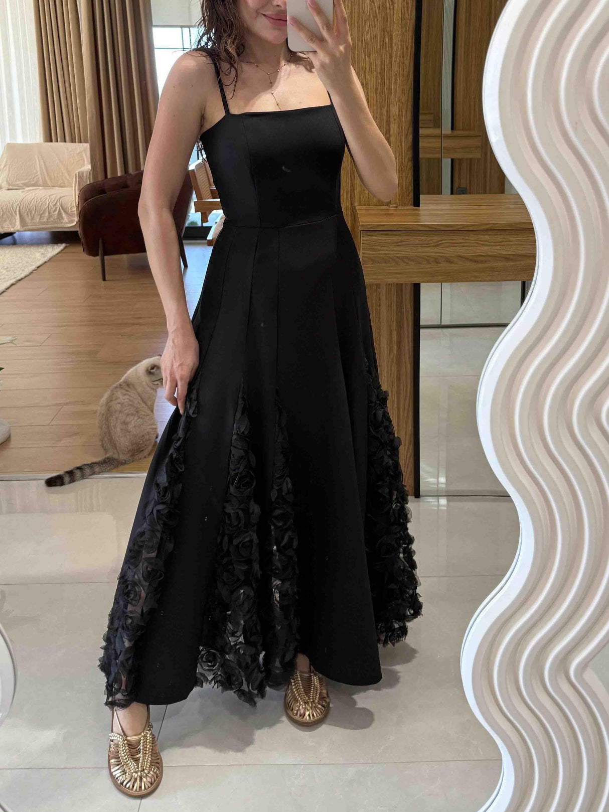 Aurohaya Elegant Rose Floral Applique Spaghetti Strap Midi Dress