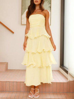 Aurohaya Elegant Strapless Backless Cake Midi Dress Yellow