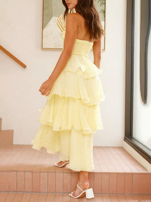 Aurohaya Elegant Strapless Backless Cake Midi Dress