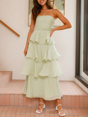 Aurohaya Elegant Strapless Backless Cake Midi Dress Green