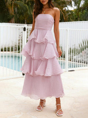 Aurohaya Elegant Strapless Backless Cake Midi Dress Taro purple