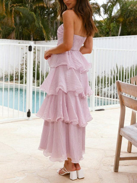 Aurohaya Elegant Strapless Backless Cake Midi Dress