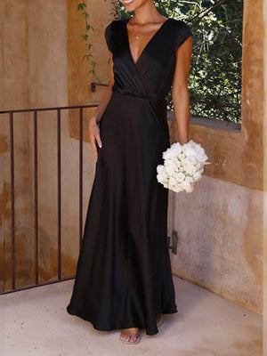 Aurohaya Spring/Summer Satin Solid Color V-Neck Fishtail Party Dress Black
