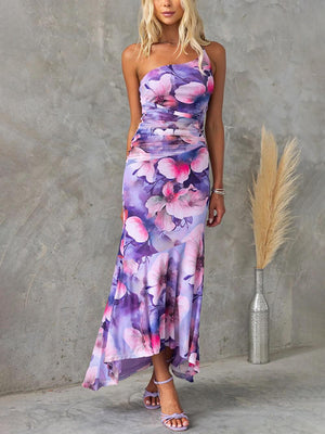 Aurohaya Beautiful Casual Off-Shoulder Floral Print Elastic Slim Irregular Maxi Dress