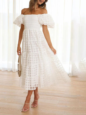 Aurohaya Fashionable One-Shoulder Chiffon Puff Sleeve Swing Midi Dress White