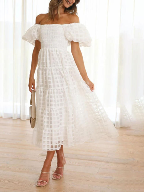 Aurohaya Fashionable One-Shoulder Chiffon Puff Sleeve Swing Midi Dress White