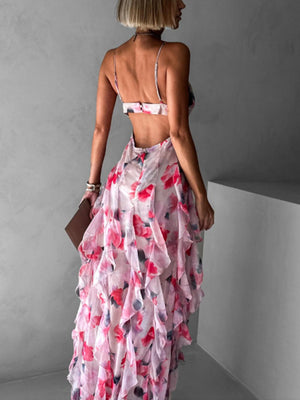 Aurohaya Fashionable Chiffon Printed Off-Shoulder Slit Maxi Dress