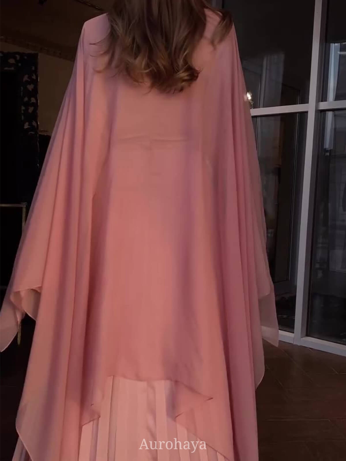 Waist-Cinching Long-Sleeve Pleated Maxi Cape Dress