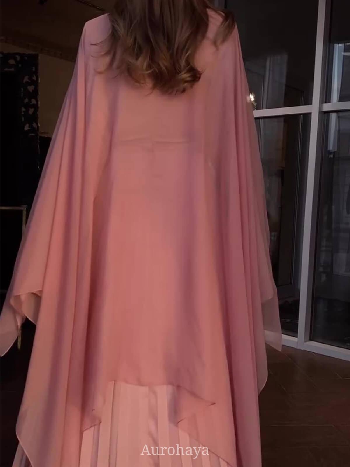 Aurohaya Waist-Cinching Long-Sleeve Pleated Maxi Cape Dress