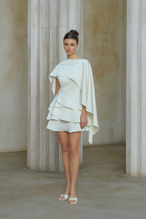 Aurohaya Lyna White Satin Ruffled Mini Dress with Shawl Panel Detail
