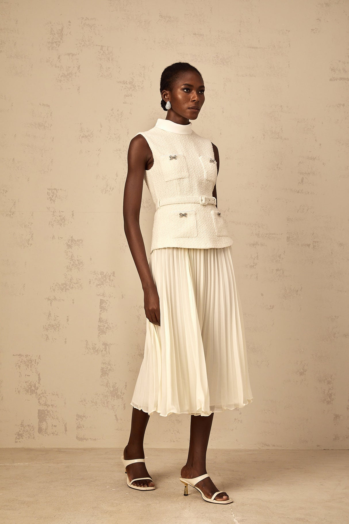 Aurohaya Dulcie Off-White Tulle Panel Tweed Midi Dress