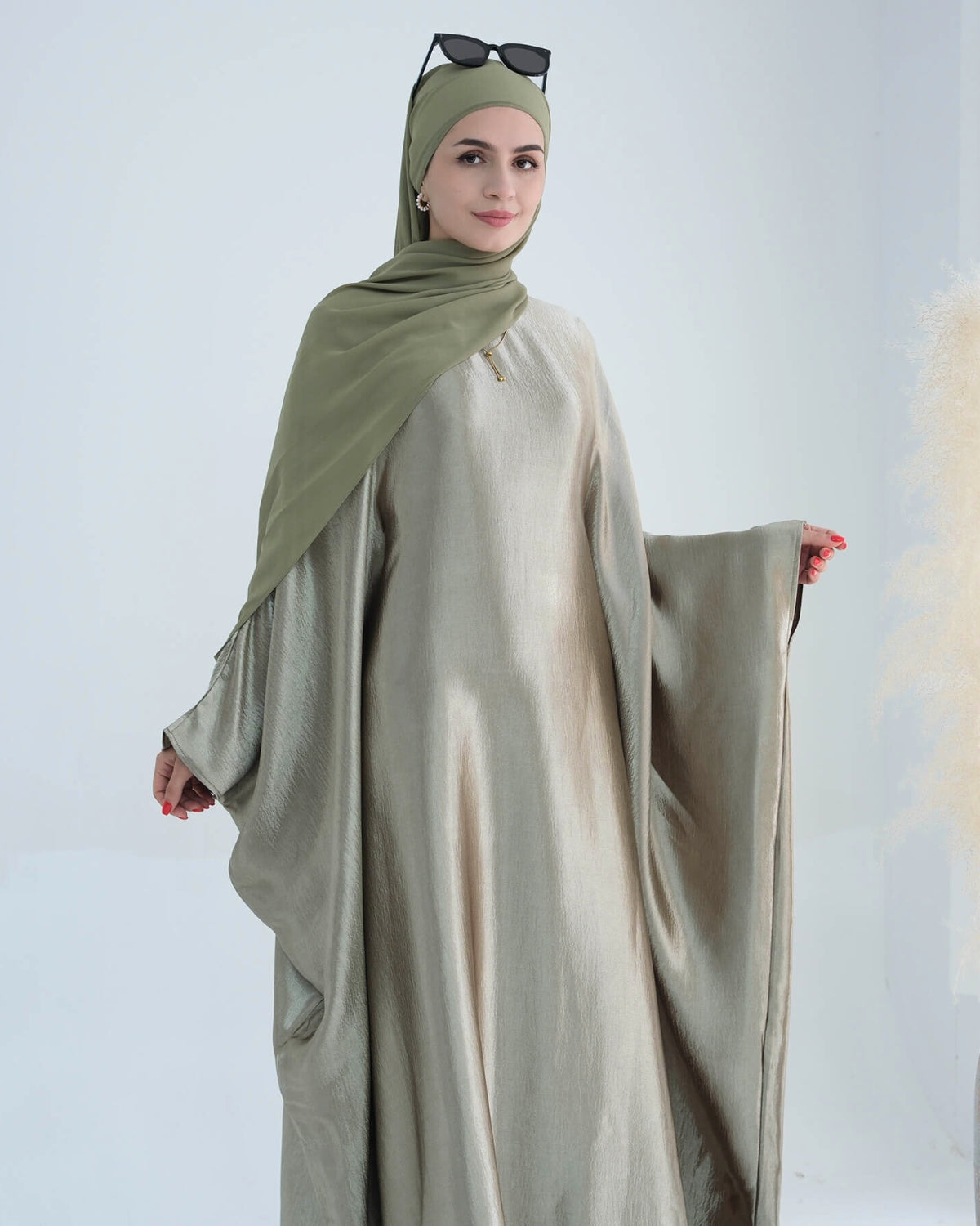 Wrinkled Satin Light Green Butterfly Abaya Dress