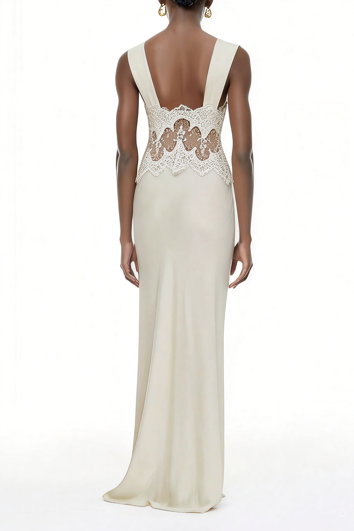 Aurohaya Aitana Neutrals Satin Maxi Dress with Lace Panels