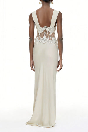 Aurohaya Aitana Neutrals Satin Maxi Dress with Lace Panels
