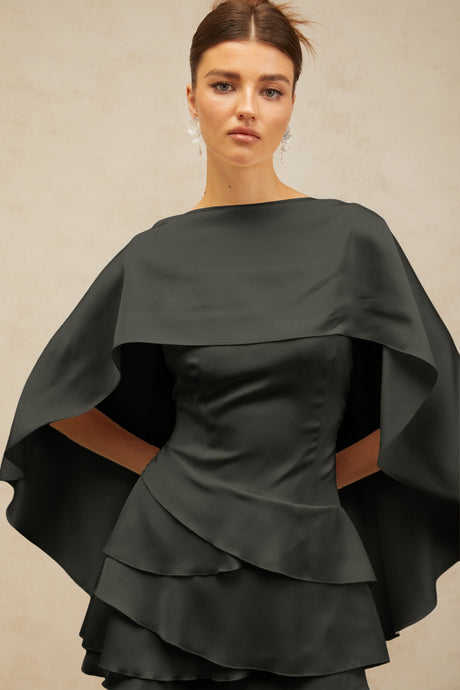 Aurohaya Lyna Black Satin Ruffled Mini Dress with Shawl Panel Detail