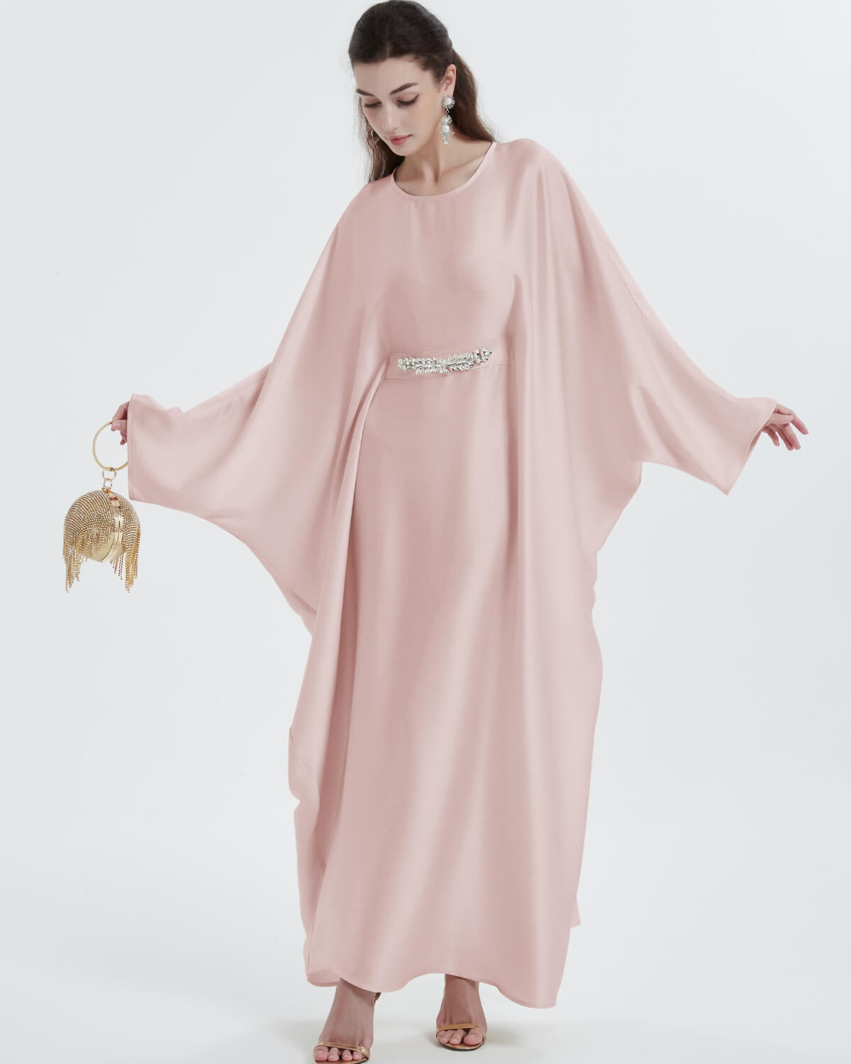 Elegant Satin Maxi Butterfly Abaya Crystal-Embellished Modest Dress