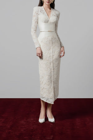 Aurohaya Oona White Floral Lace Pencil Midi Dress