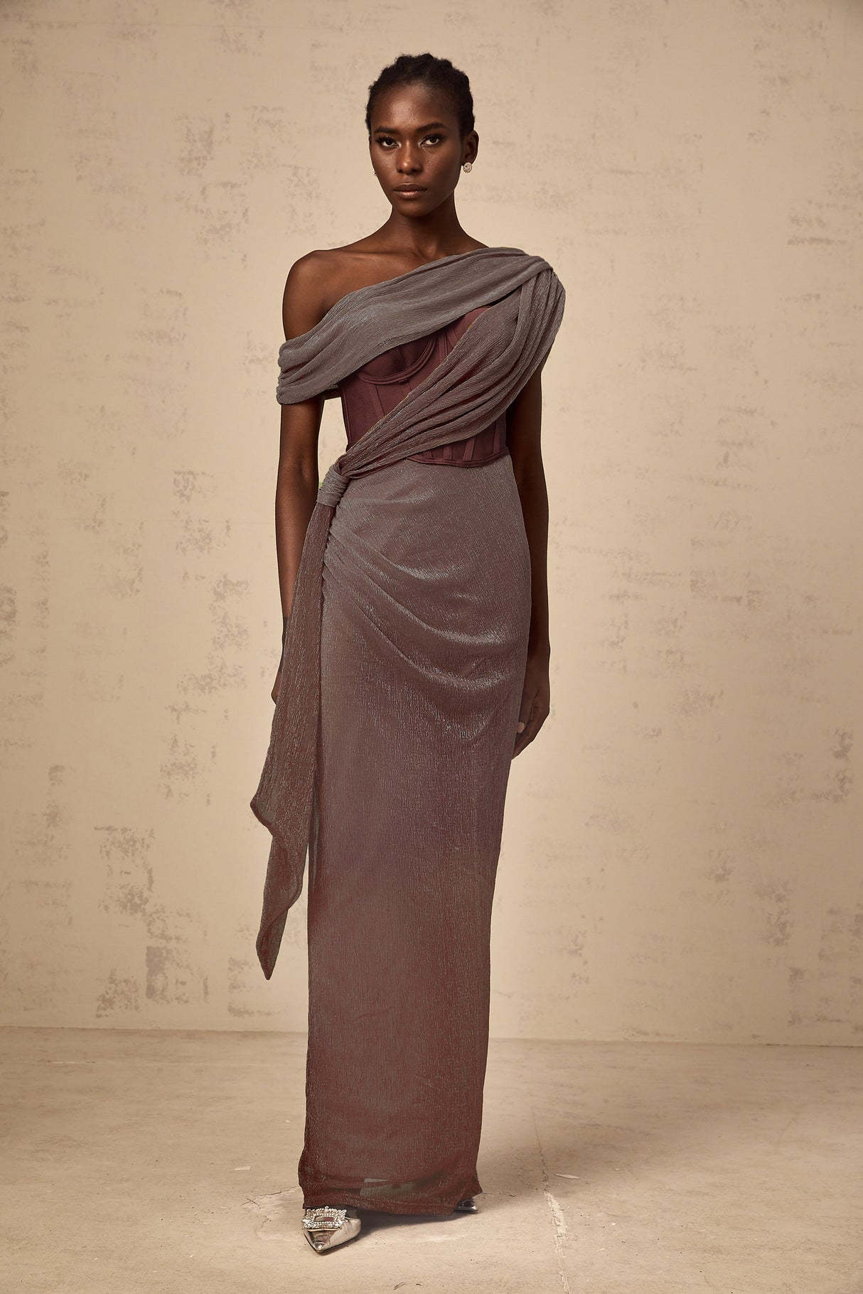 Aurohaya Delphine ribbon-design corset maxi dress in Brown