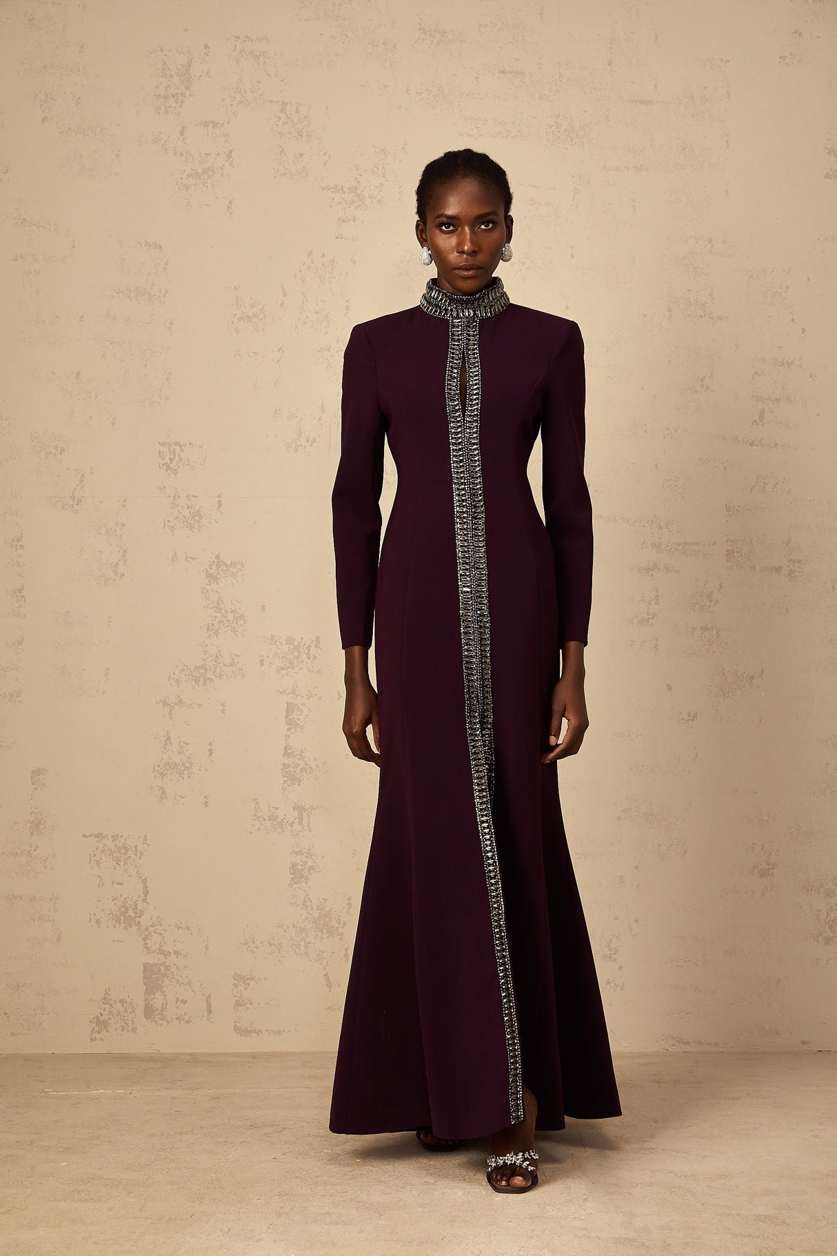 Aurohaya Maëlie Burgundy Embellished Flared Maxi Dress