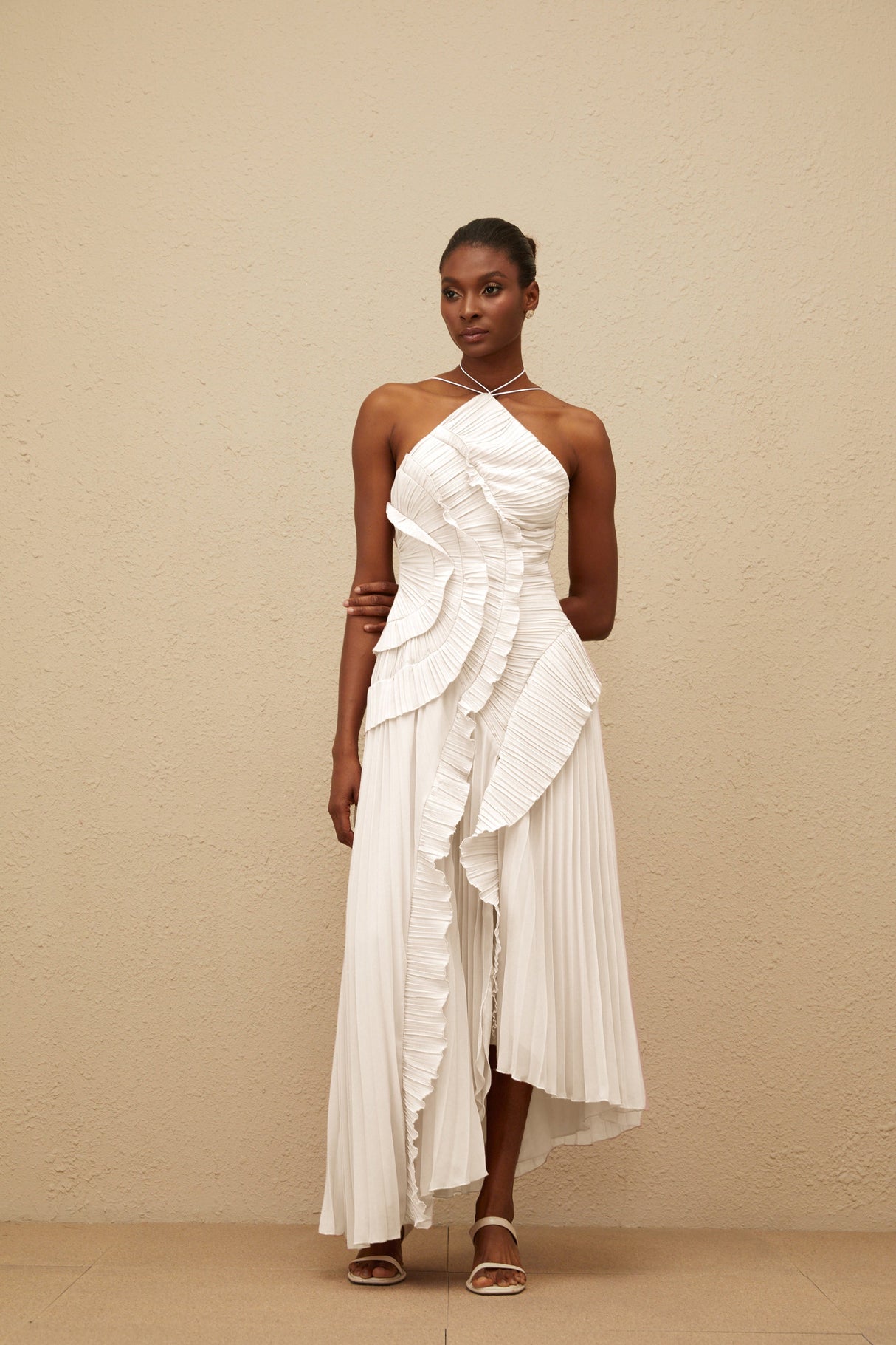 Aurohaya Doux White Ruffled Trim Pleated Midi Dress