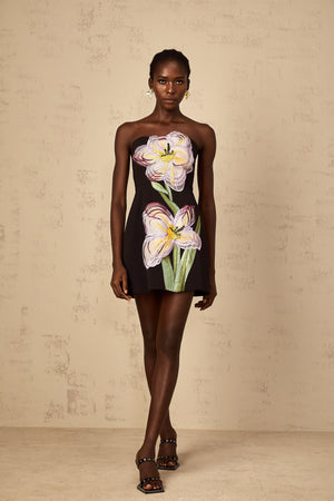 Aurohaya Irène Black Off-Shoulder Sequin Floral Embroidered Mini Dress