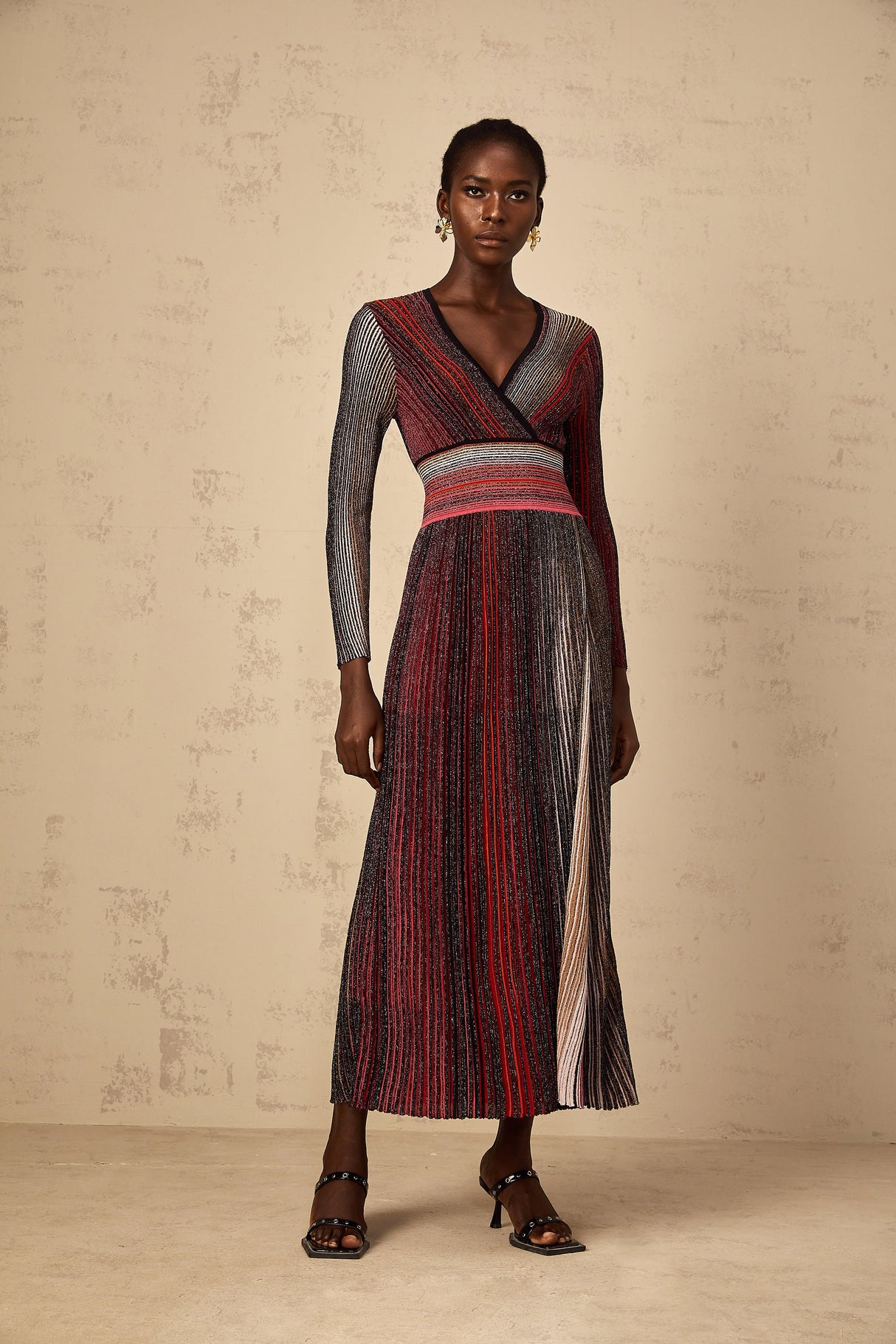 Aurohaya Amaryllis Red Long Sleeve Sequin Striped Knit Maxi Dress