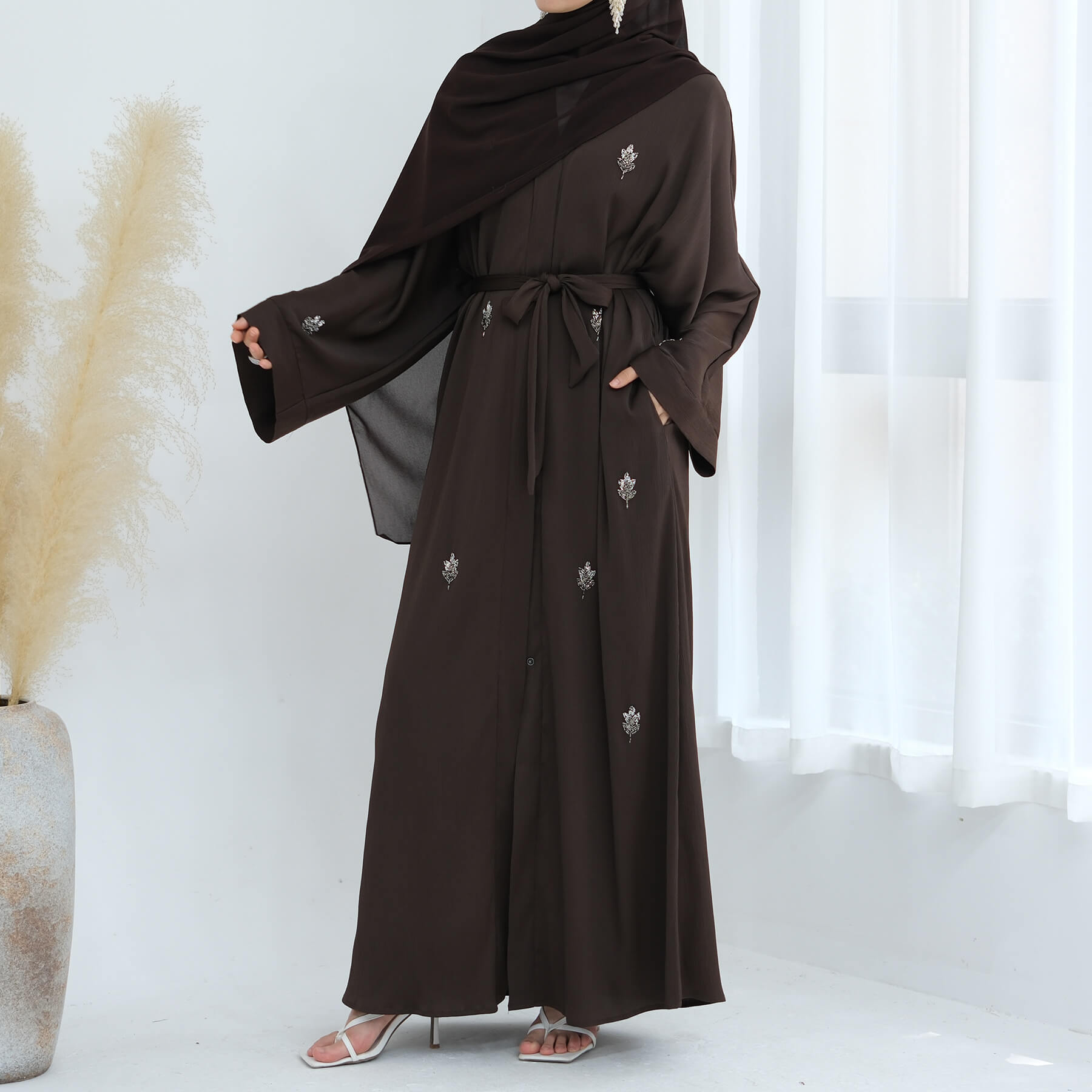 Solid Color Beaded Abaya Cardigan