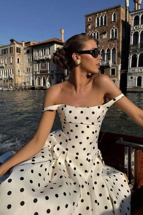 Aurohaya Madeleine Polka Dot Square Neck A-Line Midi Dress