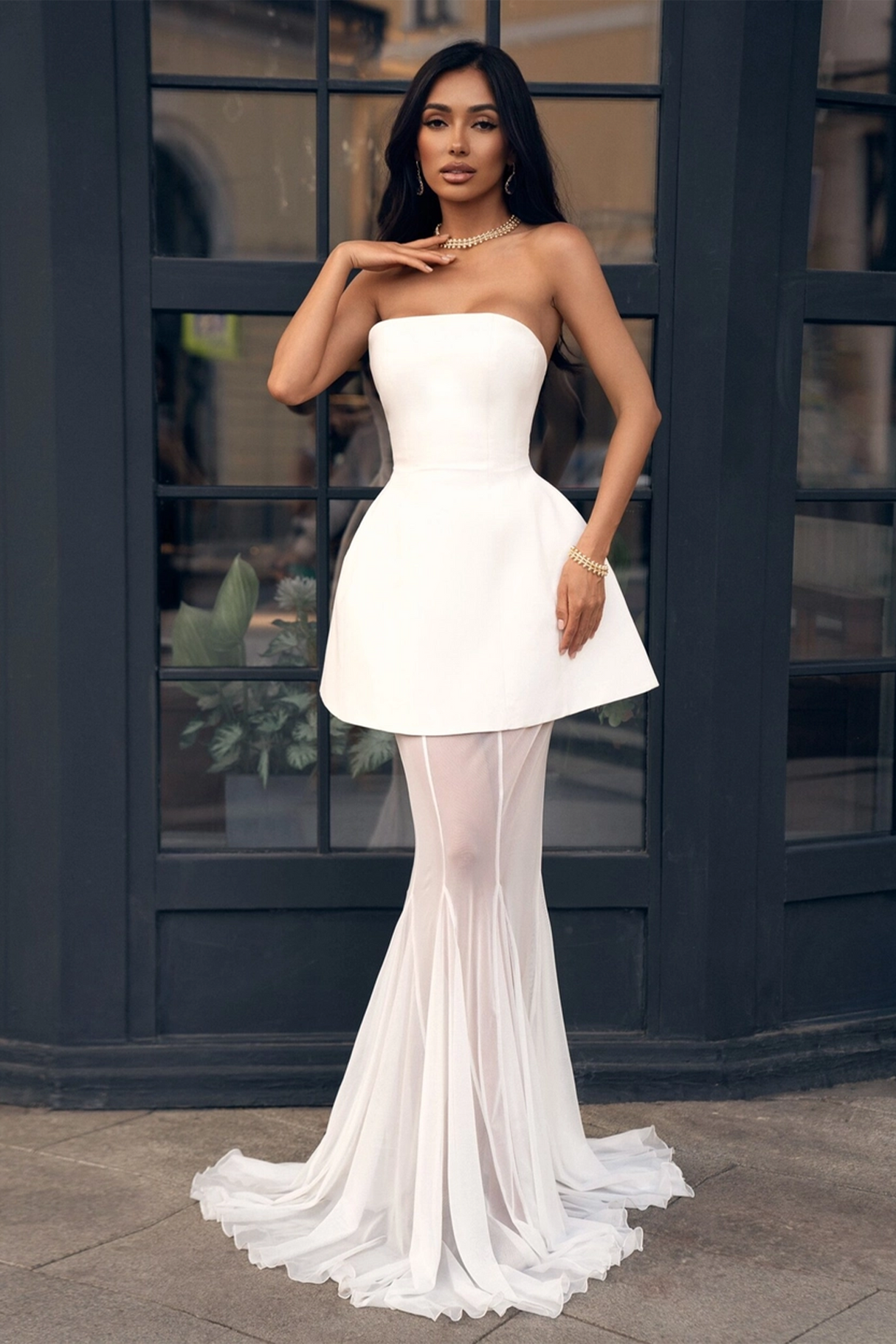 Aurohaya Mélanie White Corset Dress & Mesh Skirt Set