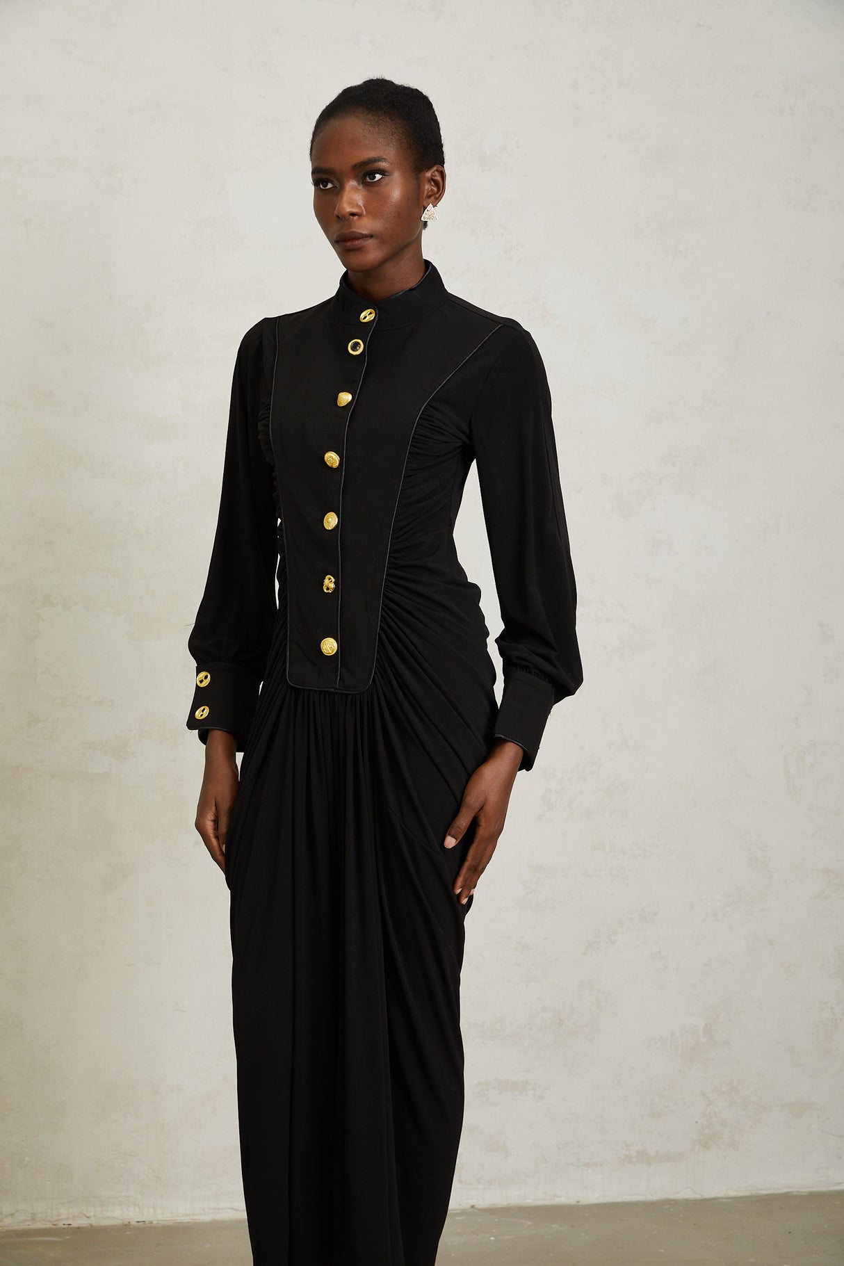 Aurohaya Brooklyn Black Gathered Draped Maxi Dress