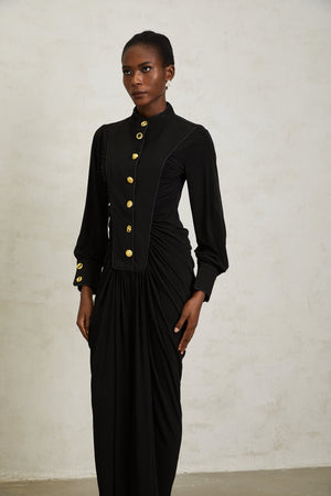 Aurohaya Brooklyn Black Gathered Draped Maxi Dress