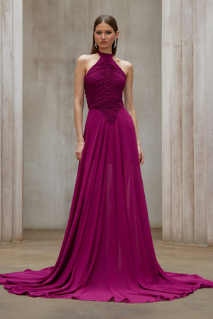 Aurohaya Kerstin Purple Train Design Ruched Maxi Dress