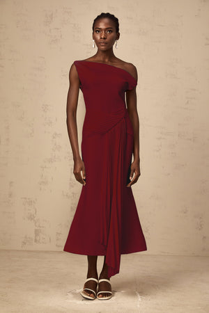 Aurohaya Laurine asymmetrical draped midi dress in Burgundy