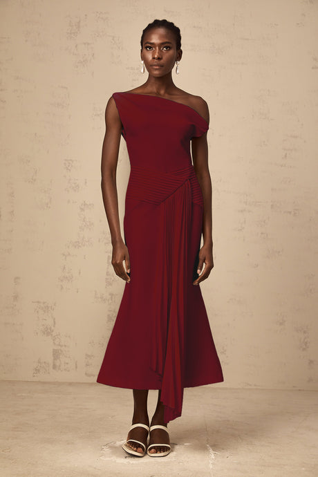 Aurohaya Laurine asymmetrical draped midi dress in Burgundy