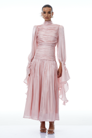 Aurohaya Sarolta Pink Glossy Ruched Maxi Dress