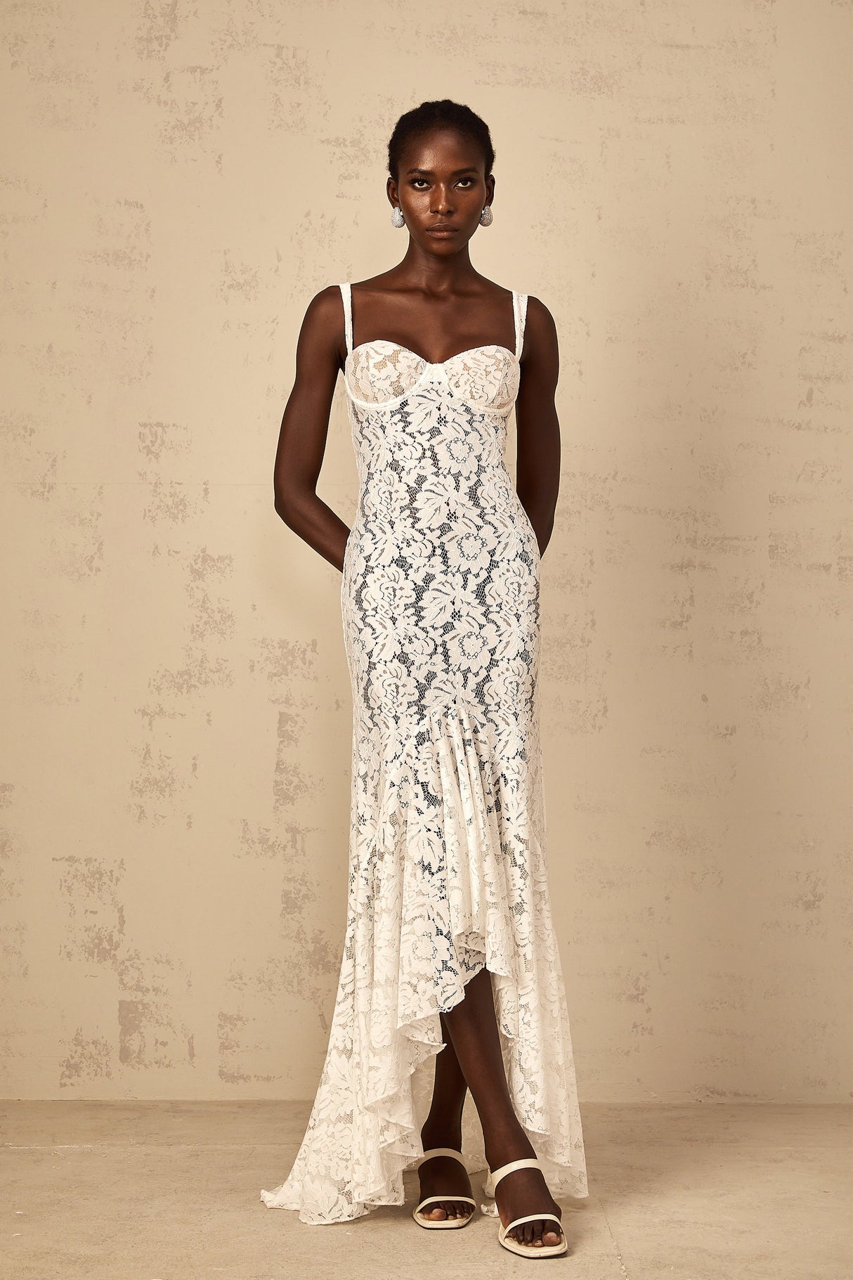 Aurohaya Abbie White Floral Lace Bustier Maxi Dress