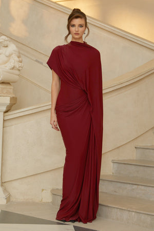 Aurohaya Fenella Red Asymmetrical Draped Cape & Dress Matching Set