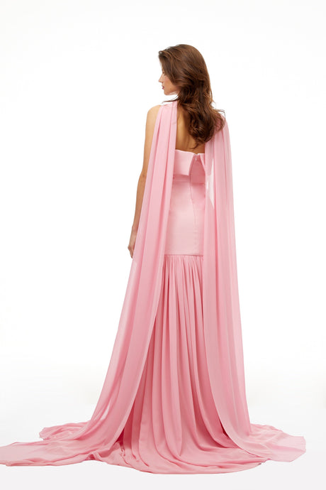 Aurohaya Laetitia Pink Pleated Train Ruched Maxi Dress