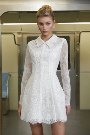 Aurohaya Aleksandra White Sequin Floral Lace Mini Dress