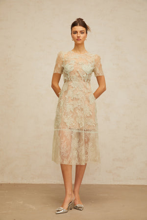 Aurohaya Xaviera mint-green floral-lace midi dress