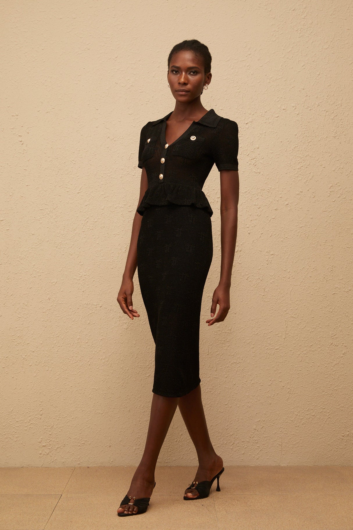 Aurohaya Theodora Black Crochet Knit Midi Dress