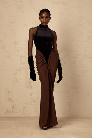 Aurohaya Mathilde brown velvet-panel ruched maxi dress