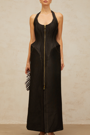 Aurohaya Adrienne black denim front-slit contrast-stitching maxi dress