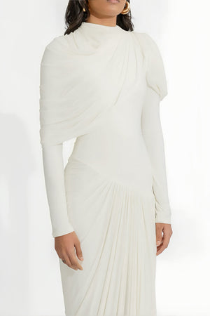 Aurohaya Bronwyn White Draped Pleated Asymmetrical Maxi Dress