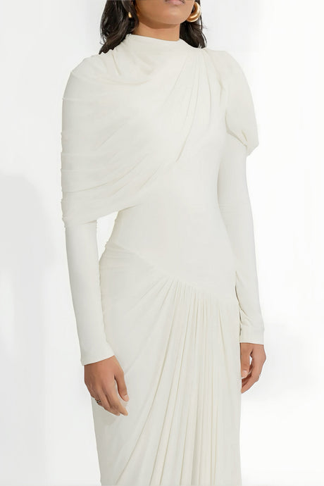 Aurohaya Bronwyn White Draped Pleated Asymmetrical Maxi Dress