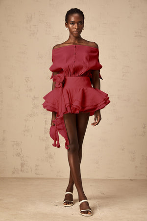 Aurohaya Amélie Red Floral Appliqué Flounced Mini Dress